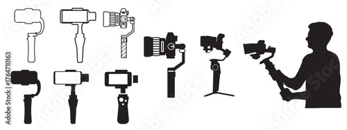 Handheld camera gimbal vector set with operator silhouette – stabilizers and accessories
