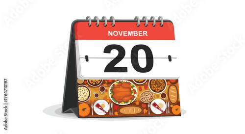 November 20th calendar illustration showcasing a festive Thanksgiving feast with seasonal dishes and vibrant colors, symbolizing autumnal celebration