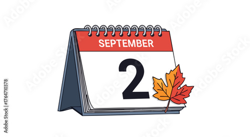 Calendar illustration displaying the date of September 2 with a vibrant autumn leaf emphasizing the start of the fall season celebration