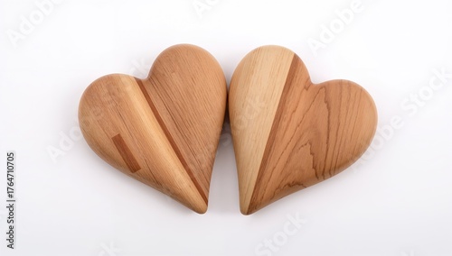 Pair of handcrafted wooden carved hearts on a white backdrop symbolizing love and Valentine's Day