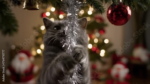 Playful grey cat in slow motion playing with tinsel on a festive christmas tree
