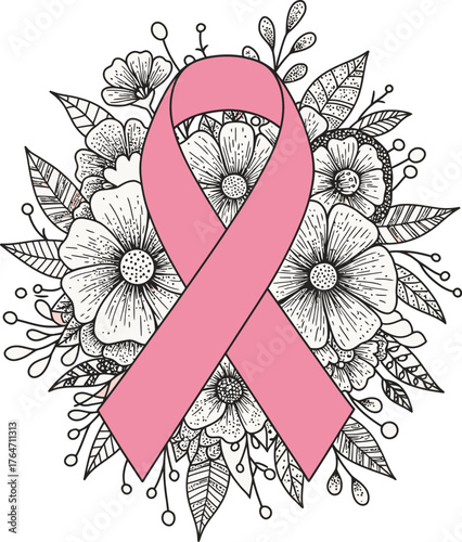 Pink breast cancer awareness ribbon surrounded by delicate floral design
