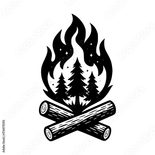 Campfire Illustration Nature, Trees, and Firewood in a Classic Black and White Design