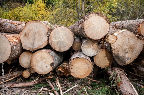 Foto Pile of cut tree trunks and timber logs in forest after wood harvesting