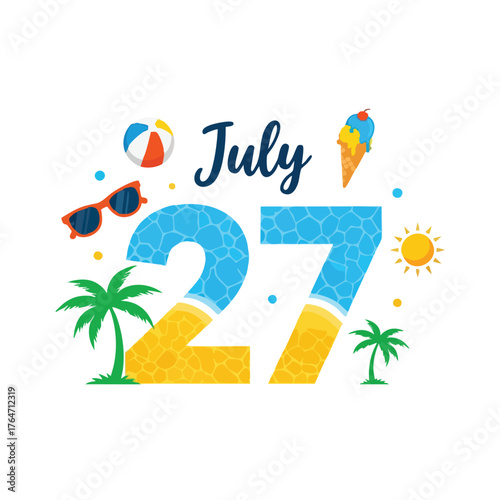 Vibrant summer illustration depicting a festive celebration on the twenty-seventh of July with beach elements and summery icons