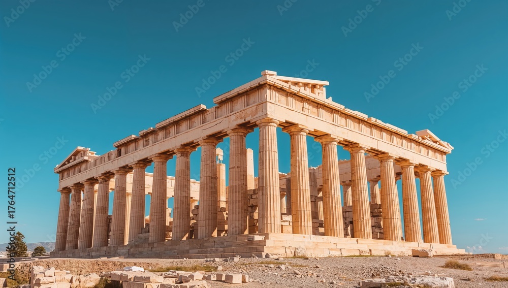 Fototapeta premium Ancient stone temple against a clear blue sky, travel, art, architecture, vacation, historic building