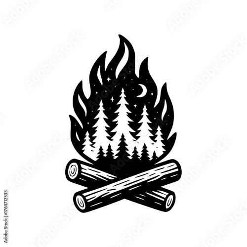A Campfire Scene with Trees and Night Sky Inside the Flames Illustration