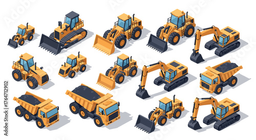 Isometric construction vehicles set with bulldozers and excavators
