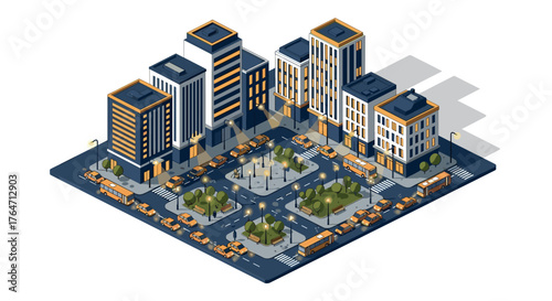 Isometric cityscape with modern buildings and streets in night lights