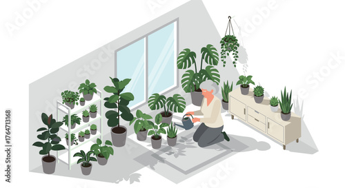 Elderly woman tending indoor plants in bright room with modern decor