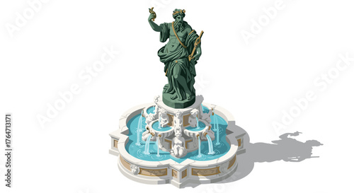 Ancient statue fountain with ocean god in isometric 3d style
