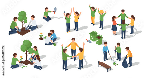 Community tree planting and recycling activities in isometric style
