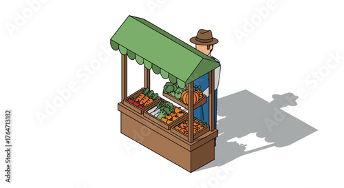 Isometric farmer at market stand with fresh organic vegetables in daylight