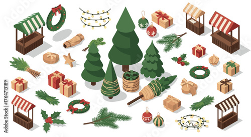 Festive holiday market: isometric christmas stalls with trees, gifts, and decor