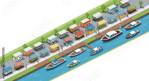 Colorful river market with boats and stalls in isometric style