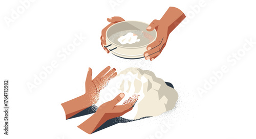 Hands sifting flour: artistic baking preparation scene in minimal design