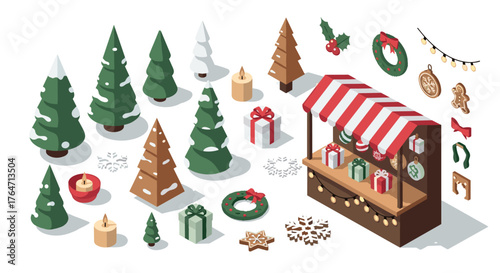 Isometric christmas market stall with trees, gifts, and decorations