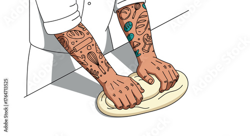 Tattooed chef kneading dough in modern line art style