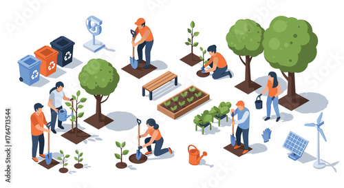 Isometric community gardening scene with volunteers planting and recycling