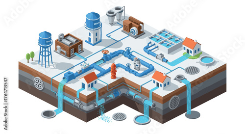 Isometric water treatment facility with flowing pipes and storage tanks