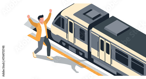 Isometric urban scene with excited person and modern train