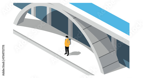 Isometric urban scene with modern architectural structure and lone figure