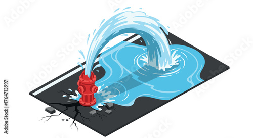 Red fire hydrant flooding on cracked road with water splash in isometric design