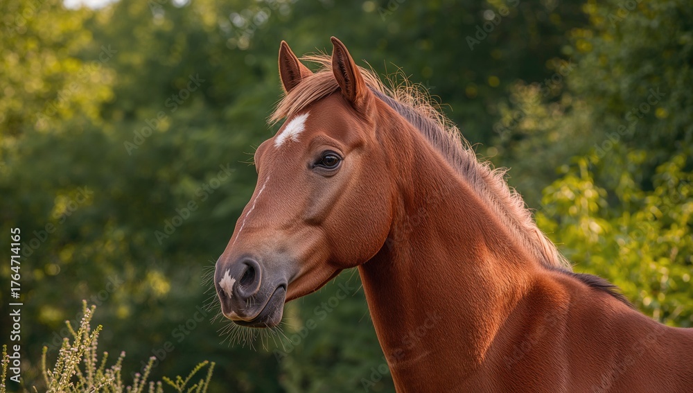 Fototapeta premium Close-up portrait of a stunning young chestnut stallion with a natural backdrop