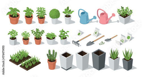 Isometric gardening tools and plants set in pots and planters