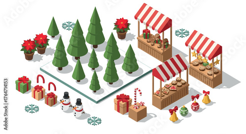 Festive christmas market stalls with gifts and trees in isometric style