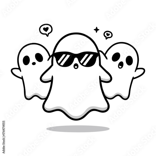 Playful cartoon ghost trio illustration, featuring a central cool specter in sunglasses surrounded by two adorable companions, evoking a fun and friendly Halloween spirit for designs and decorations