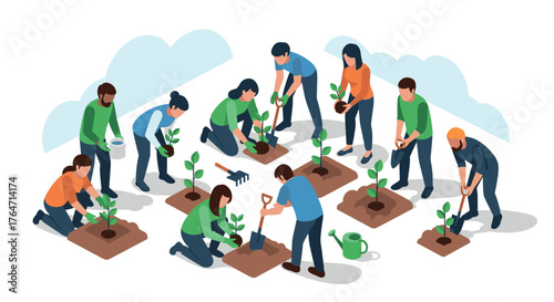 Community gardening: diverse group planting together in isometric style