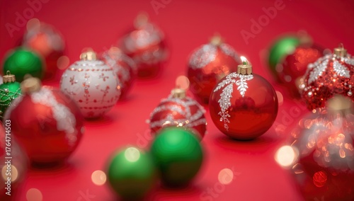 Close-up of colorful toy Christmas ornaments on a vibrant backdrop