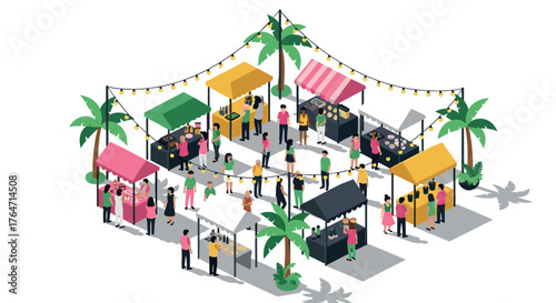 Vibrant outdoor market scene with colorful stalls and shoppers in isometric design