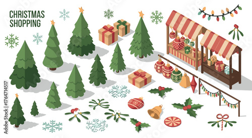Festive isometric christmas market with trees, gifts, and decor