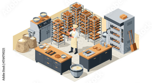 Modern bakery isometric design with bread racks and equipment