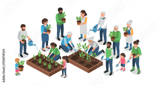 Community gardening activity with diverse group in isometric style