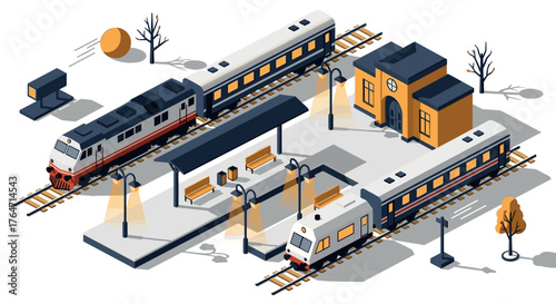 Modern isometric train station scene with trains and platform lighting