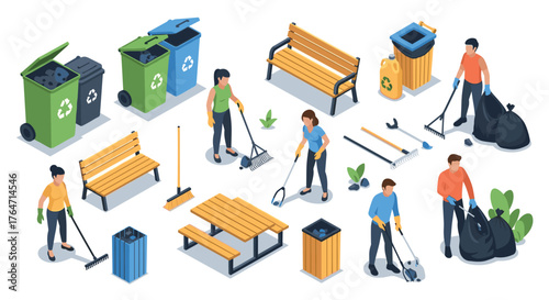 Isometric recycling and cleaning scene with people and outdoor furniture