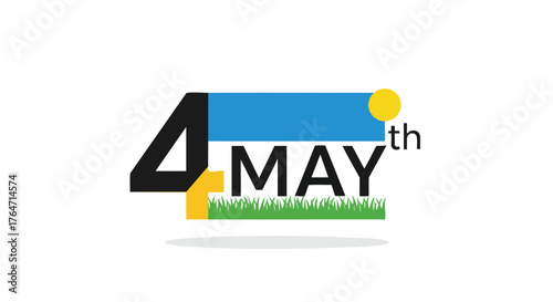 Whimsical depiction of may fourth with a playful sun and grassy base forming the lettering for the greeting announcement message