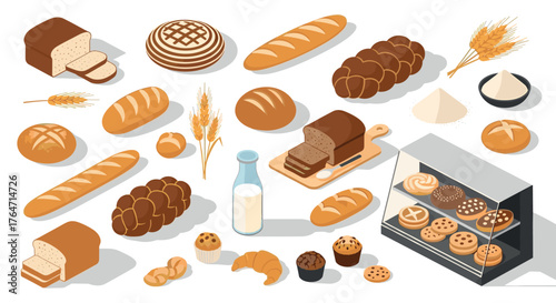 Isometric bakery collection: fresh bread, pastries, and baking ingredients display