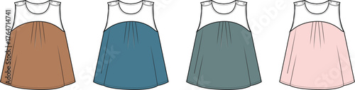 Four trendy fashion sketches of flowy tunic dresses in various colors for design inspiration