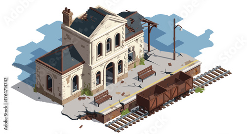 Isometric abandoned train station with broken roof and railcars
