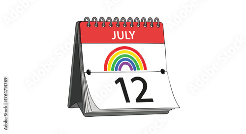 Illustration of a July calendar page with a rainbow, ideal for events and reminders