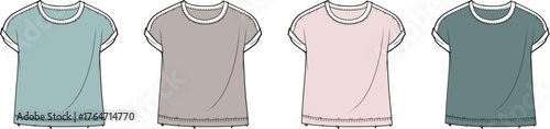 Versatile collection of short-sleeved t-shirt technical flat sketches presented in various contemporary color options, perfect for fashion design, apparel development, and garment visualization