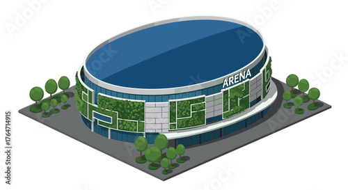Modern eco-friendly arena with green facade and blue roof in isometric style