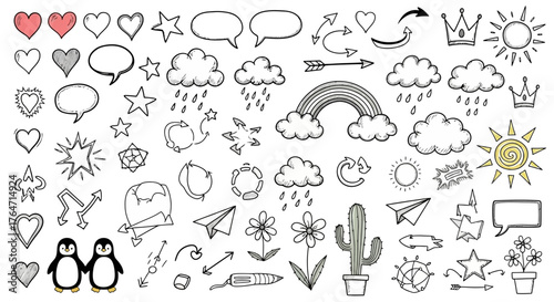 Doodle Sketch Elements with Penguins, Clouds, Hearts, and More