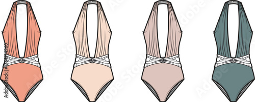 Collection of women's halter one-piece bathing suits with a plunging neckline and cinched waist detail. Vector fashion illustration set in four color options