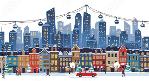Festive cityscape with decorated buildings, gondola lift, and car