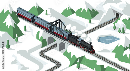 Isometric winter train journey through snowy mountains with steam locomotive and tunnels